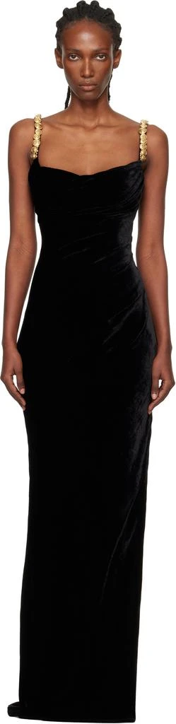 Balmain Black Embroidered Button Velvet Slit Maxi Dress 1