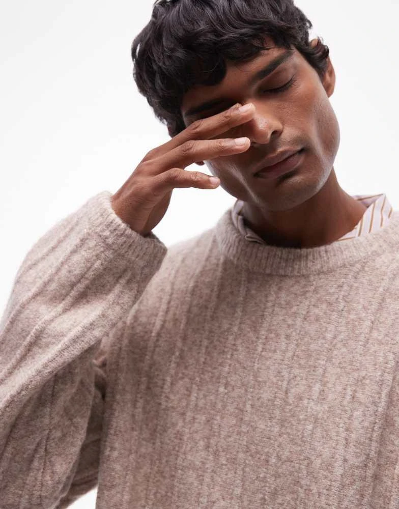 Topman Topman crew neck jumper in oat rib 3