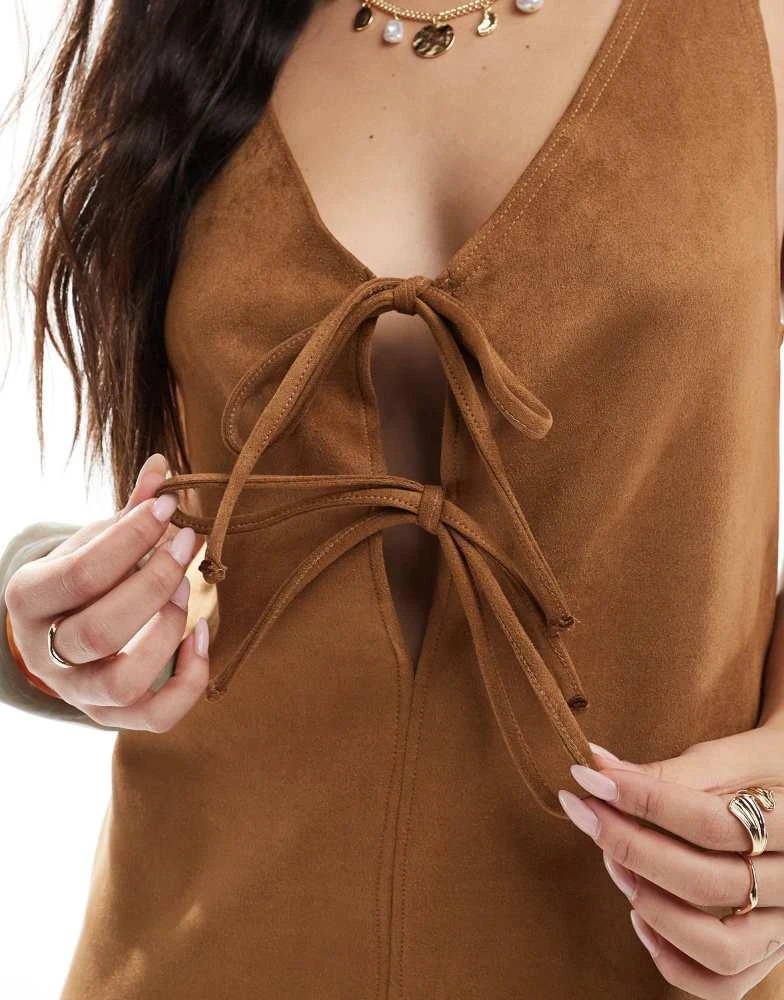 Miss Selfridge Miss Selfridge western suede look tie front shift dress in tan 4