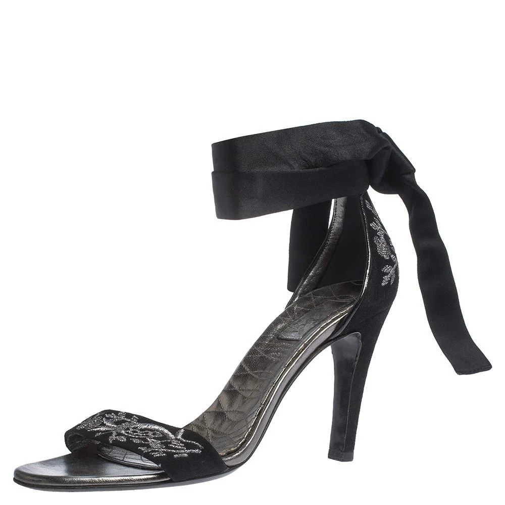 Gucci Gucci Black Embroidered Suede and Satin Open Toe Ankle Wrap Sandals Size 39 1