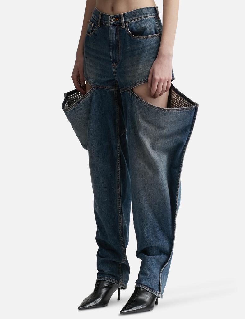 AREA Crystal Embellished Slit Jeans