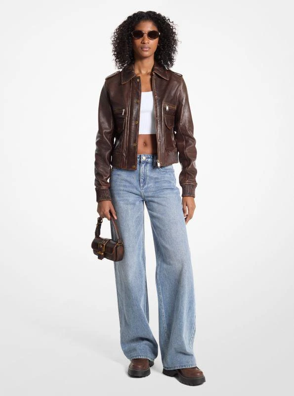 Michael Kors Burnished Leather Blouson Sleeve Jacket 1