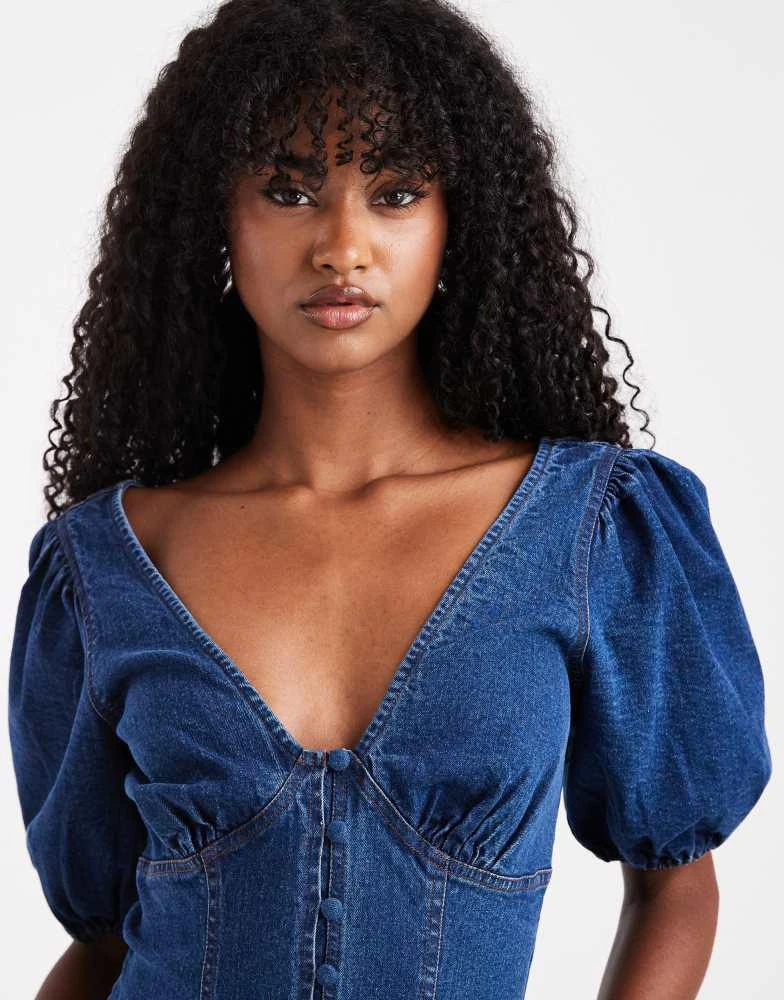 white christmas dresses Puff Sleeve Denim Mini Dress (Medium Indigo)- Final Sale – lee monet main image 0