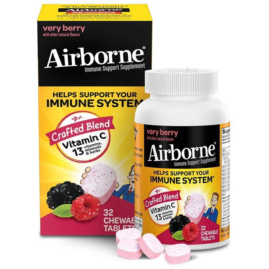 Airborne Chewable Tablets, 1000mg of Vitamin C, Immune Support Supplement Very Berry