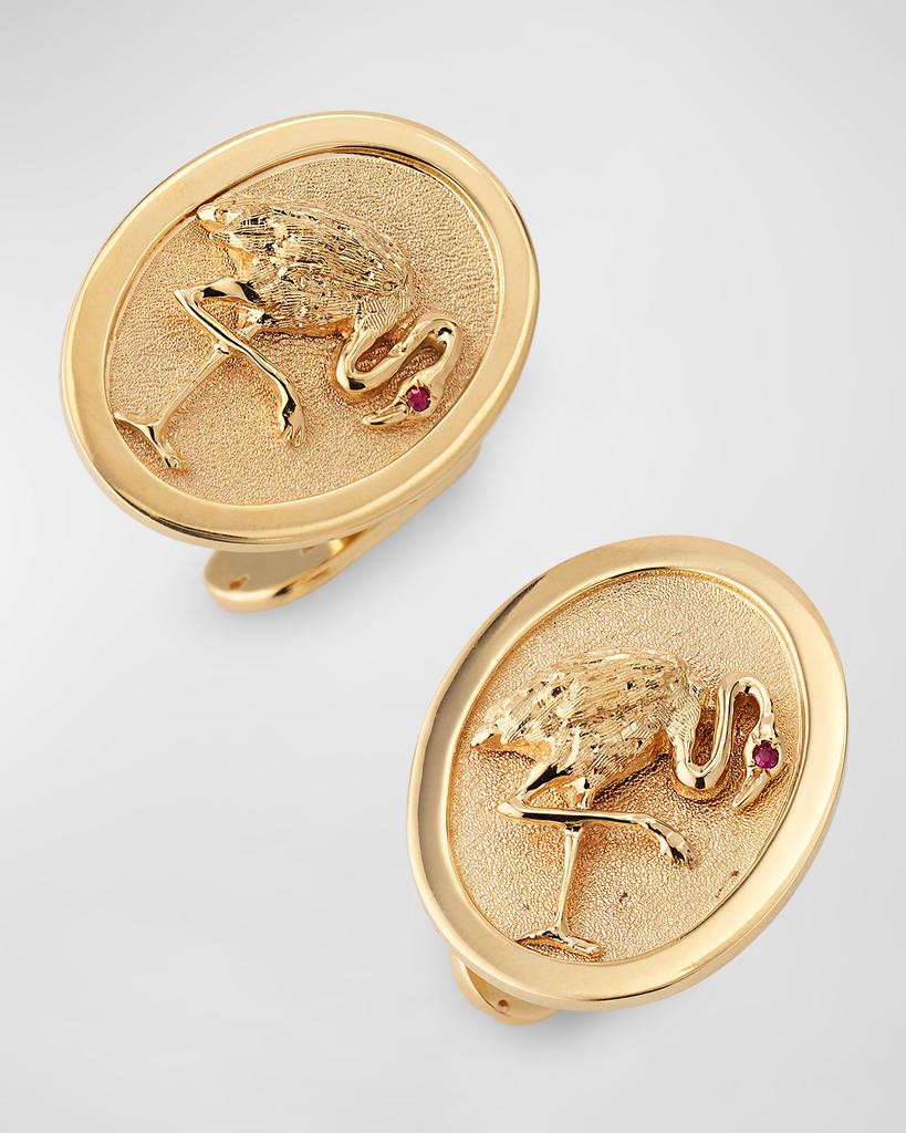NM Estate Estate 14K Yellow Gold Oval Flamingo Cufflinks with Ruby Eyes