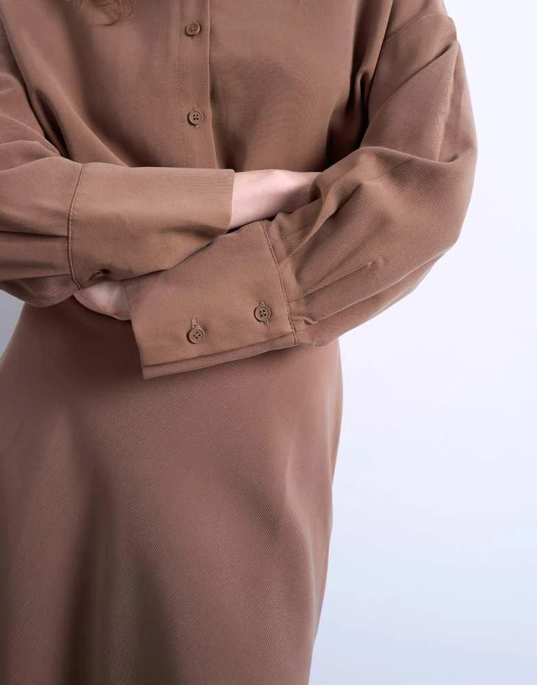 Topshop Topshop waisted micro mini shirt dress in brown cupro 2