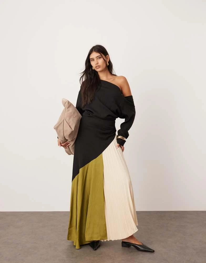 ASOS ASOS EDITION off shoulder maxi dress with pleat detail in colour block  - Dresses & Skirts - Free Shipping - BeyondStyle