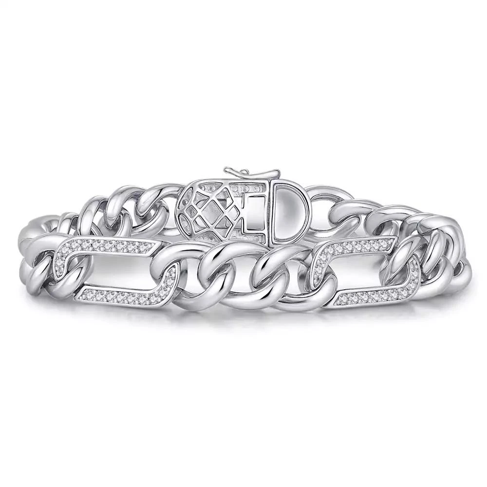 Genevive Men
s Sterling Silver White Gold Plated with Iced Out Cubic Zirconia Paper Clip Curb Chain Bracelet