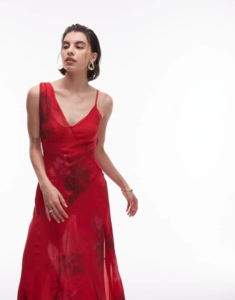Mango Mango one shoulder midi dress in blurred red floral print 3
