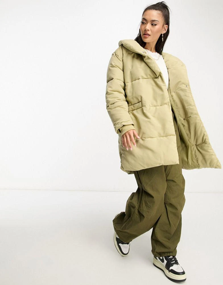 Don't Think Twice DTT Lindzi longline double breasted puffer jacket in sage green 4