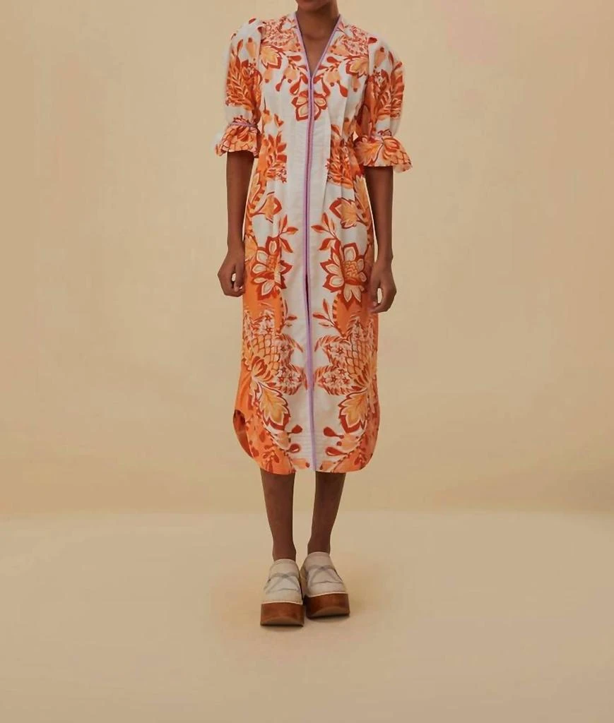Farm Rio Aura V Neck Midi Dress In Orange 1