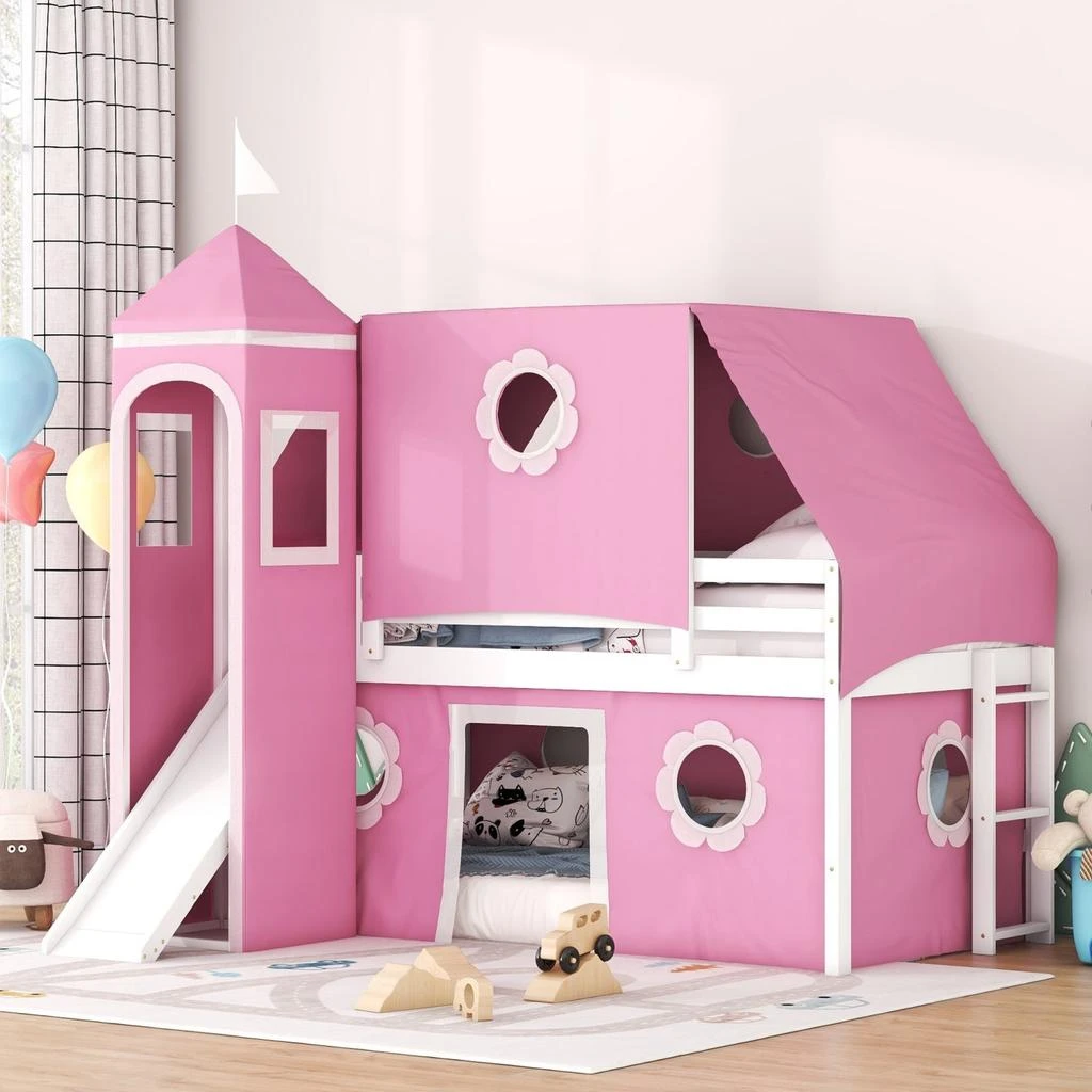 Streamdale Furniture Streamdale Twin Size Loft Bed with Slide Pink Tent and Tower - Pink 1