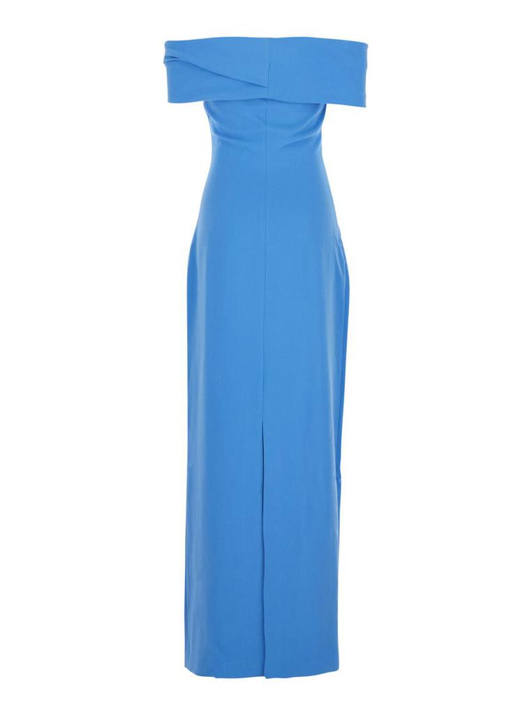 SOLACE LONDON 'Eva' Blue Off-Shoulder Long Dress With Draped Detail In Tech Fabric Woman