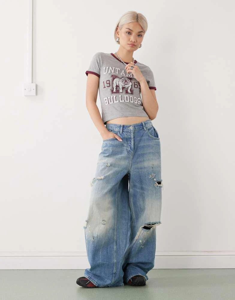 Noisy May Noisy May ringer tee with varsity bulldog print in light grey 2