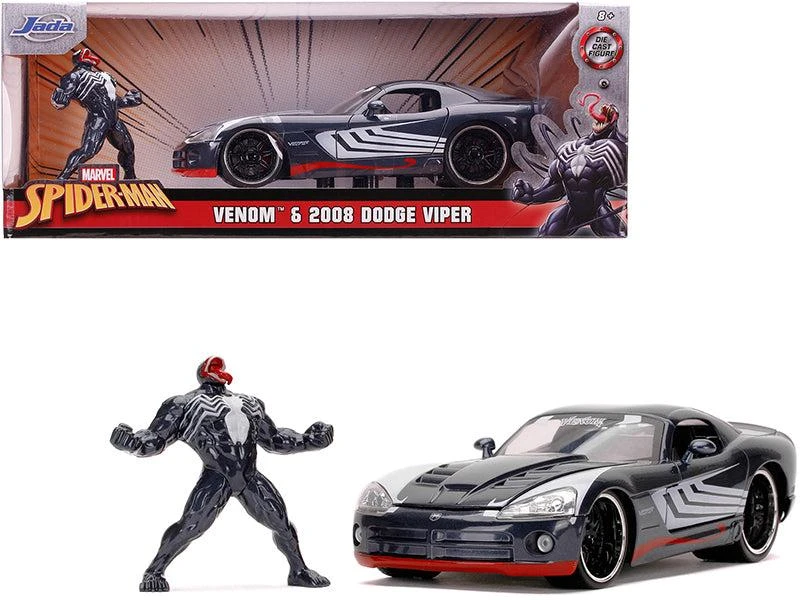 Jada 2008 Dodge Viper SRT10 Dark Gray with Venom Diecast Figurine "Spider-Man" "Marvel" Series 1/24 Diecast Model Car by 1