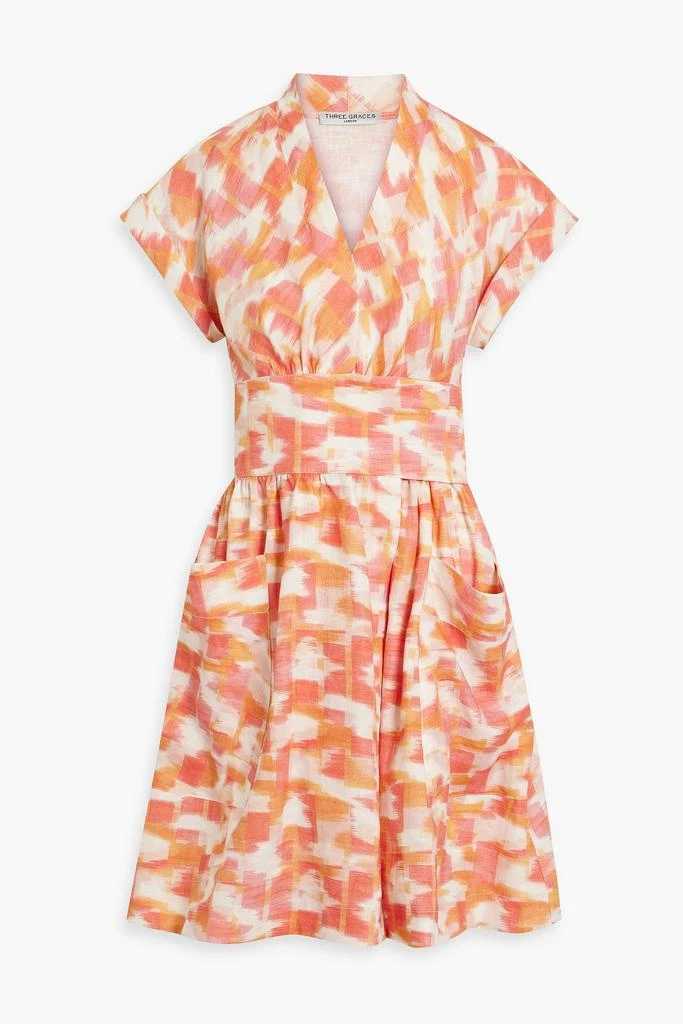 Three Graces London Aurora gathered printed linen mini wrap dress 1