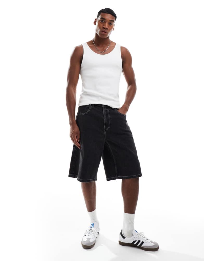 Shop Hollister super baggy denim embroidered short in dark wash on