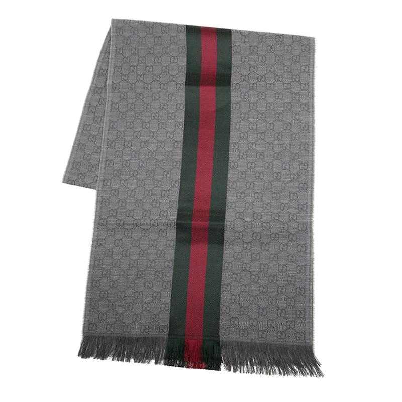 Gucci Gucci - Scarf Gray Red Green Stripes GG Wool Silk Shawl