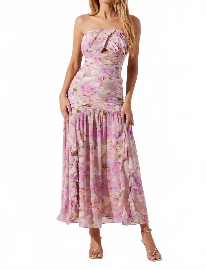open lace back dress Estefany Strapless Pleated Floral Maxi Dress main image 1