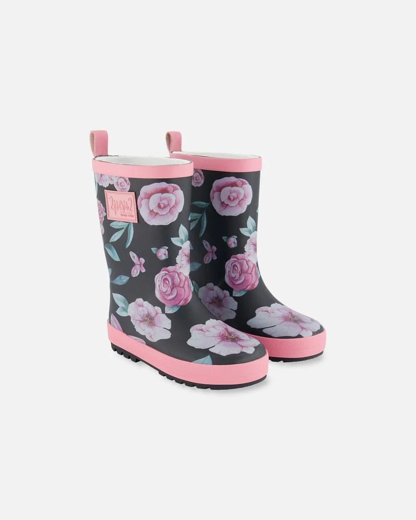 Deux par Deux Printed Rain Boots Pink, Black, And Flowers