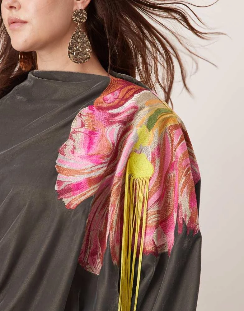 ASOS EDITION Curve velvet embroidered maxi dress with fringe detail in  charcoal  On Sale Now with Up to 60% Off | Discover Exclusive Deals &  Savings at BeyondStyle  Authentic ASOS