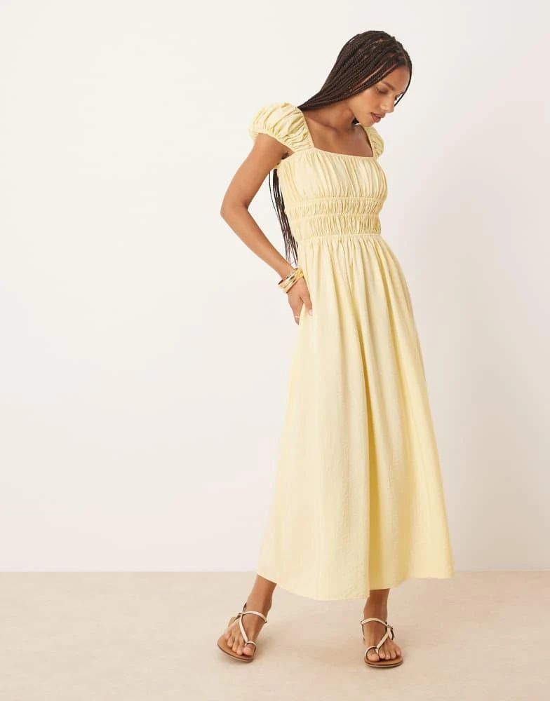 ASOS ASOS DESIGN square neck short sleeve midi dress with cinched channel waist in butter yellow 3
