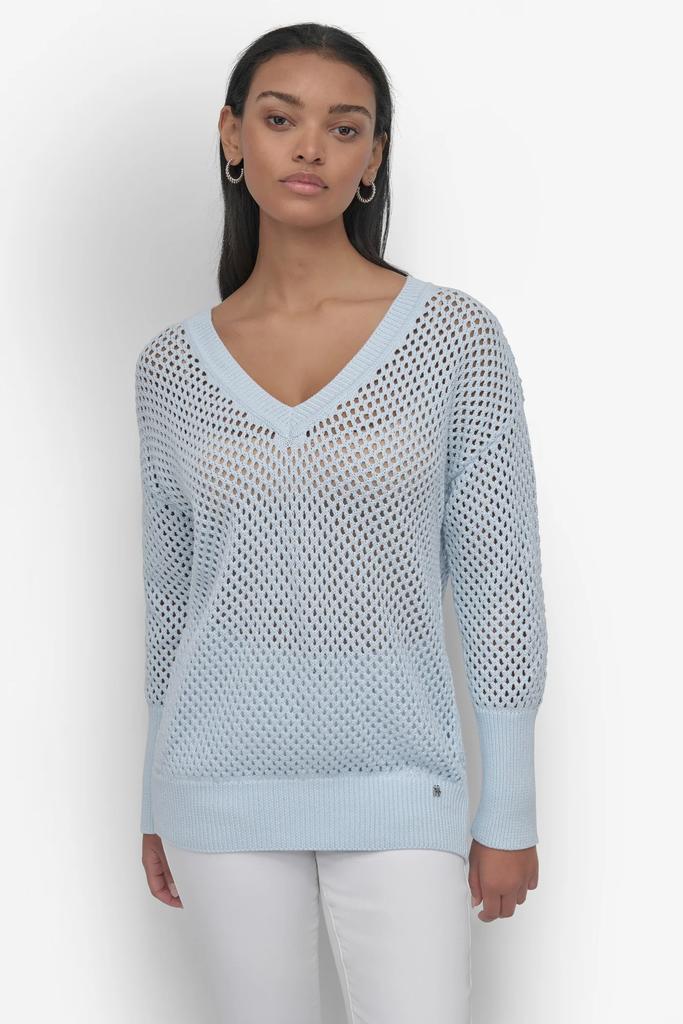 DKNY 3/4 WIDE SLEEVE CREW NECKOPEN POINTELLE STITCH