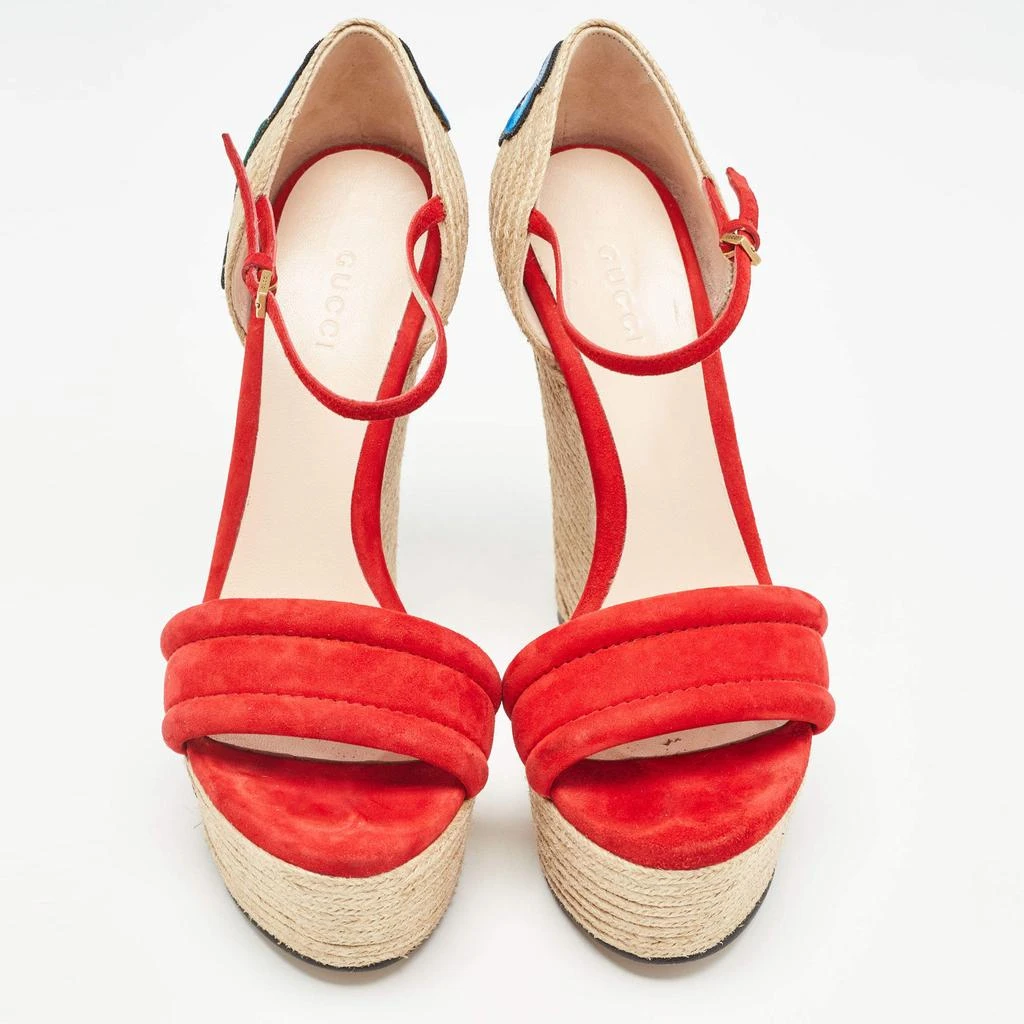 Gucci Gucci Red/Beige Suede Floral Embroidered Espadrille Wedge Platform Ankle Strap Sandals Size 37.5 3