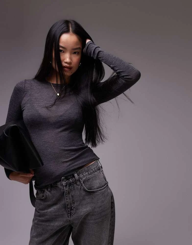 ARKET ARKET merino wool knitted semi sheer long sleeve top in dark grey 1