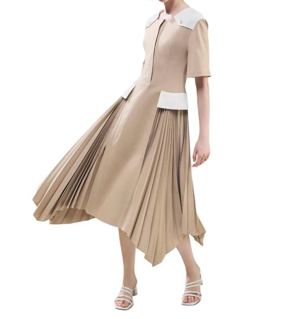 Adeam Midi Pleated Dress In Taupe-Ivory 1