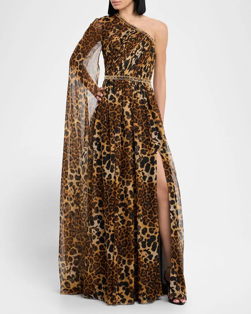 Pamella Roland Leopard Chiffon Cape-Sleeve One-Shoulder Gown With Embroidered Belt 4