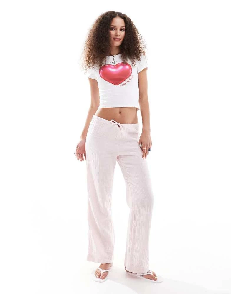 Monki Monki wide leg pull on textured trousers in light pink 1