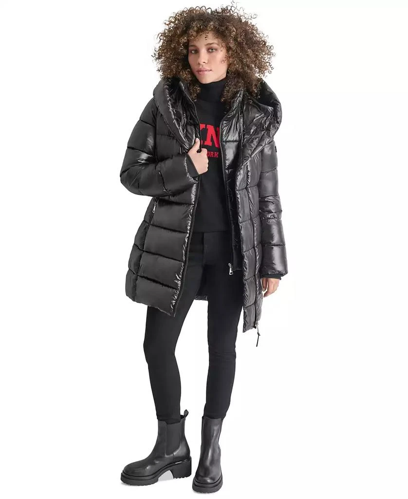 DKNY Women's Bibbed Shawl-Collar Packable Shine Puffer Coat 1