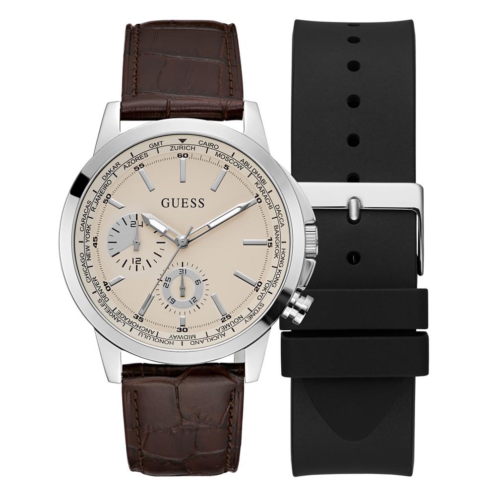 GUESS Men's Multi-Function Brown Genuine Leather Watch 44mm Gift Set