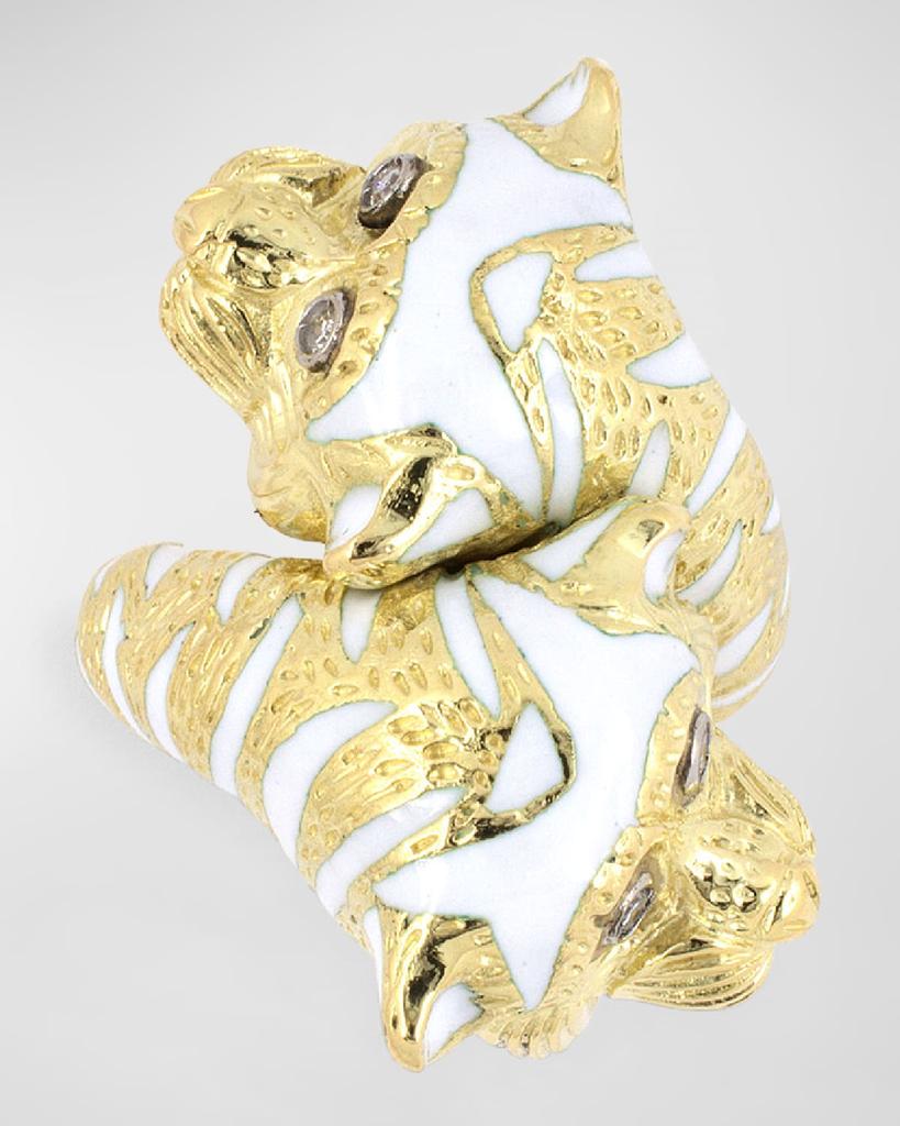 NM Estate Estate 18K Yellow Gold Twin Tiger's Head Twist Ring with Diamonds and Enamel, Size 6