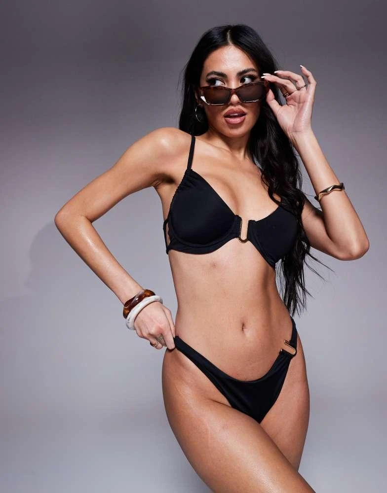 ASOS ASOS DESIGN Ella underwire bikini top with gold front trim in black 2