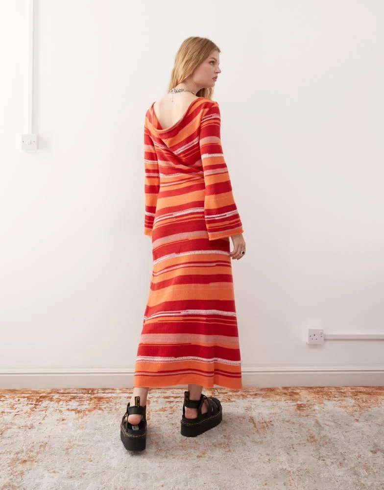 Reclaimed Vintage Reclaimed Vintage knitted flared sleeve maxi dress with tie cowl back in pink and orange stripe 4