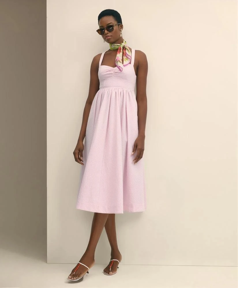 fit & flare sleeveless seersucker midi dress DAVINA Sleeveless Asymmetric Fit and Flare Midi Dress in Cotton Seersu –  Santorelli