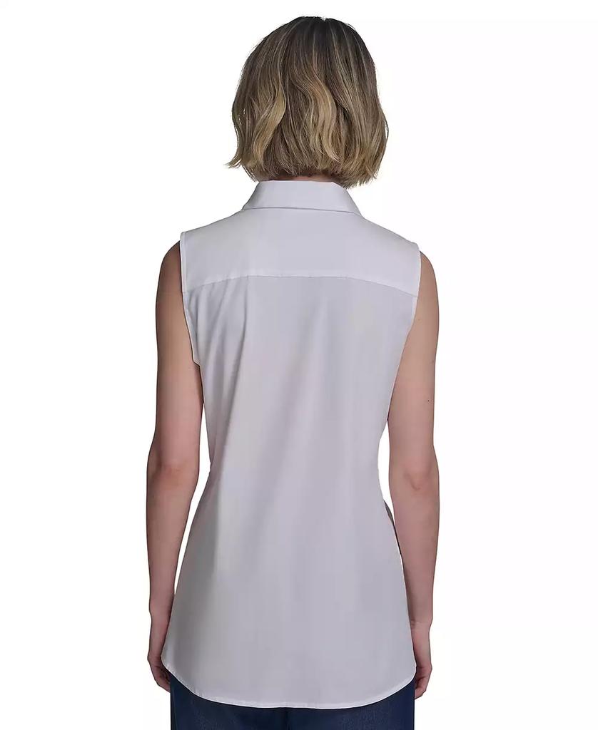 HALSTON Women's Cotton Tie-Waist Button-Front Sleeveless Blouse