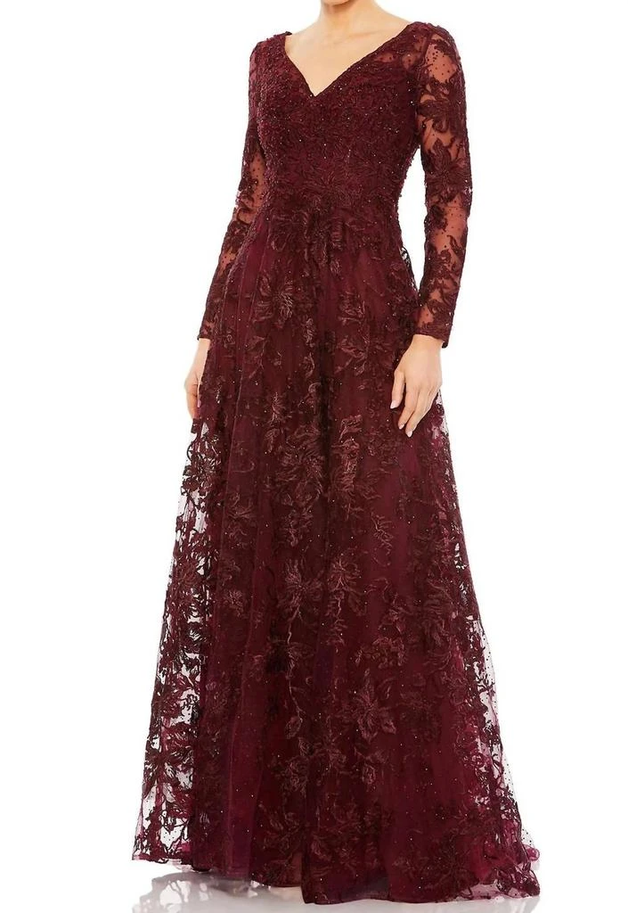 Mac Duggal Embellished Illusion Long Sleeve Beaded Lace Gown In Mahogany 1