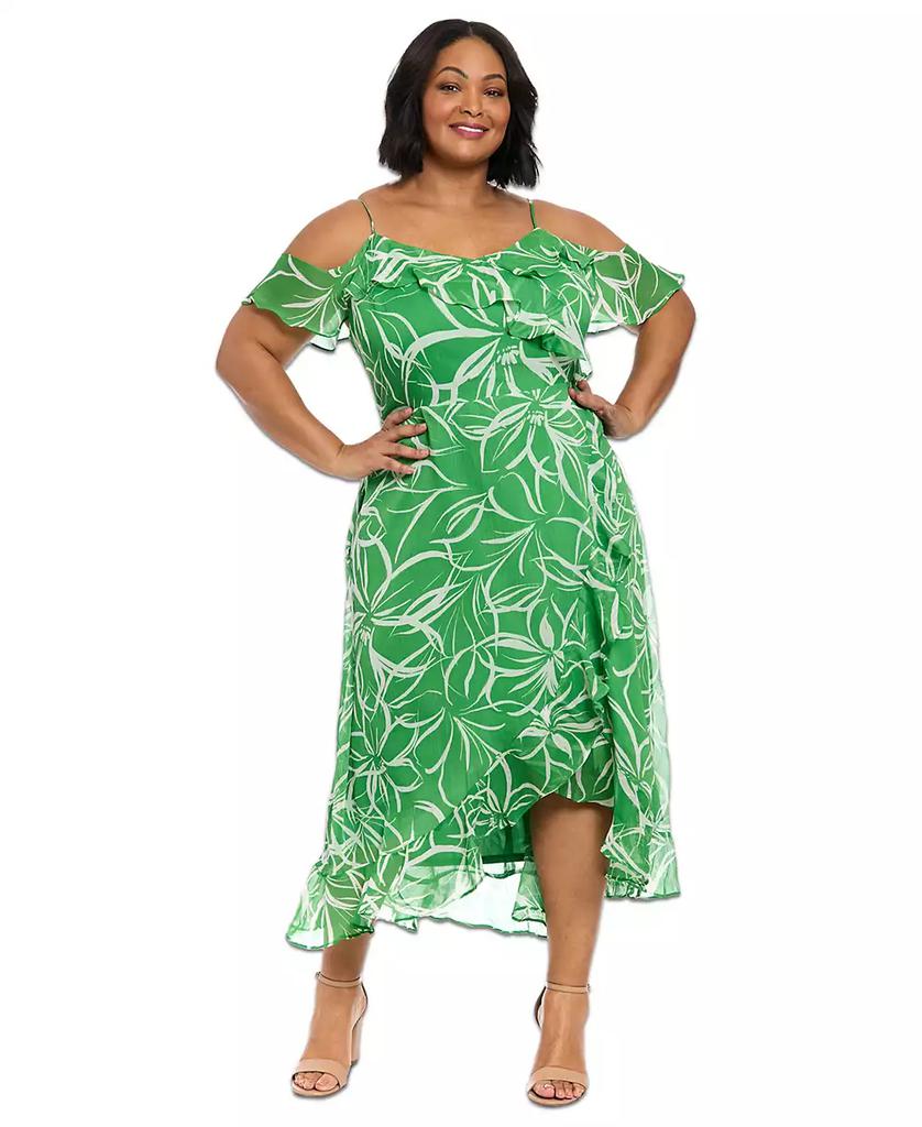 London Times Plus Size Printed Cold-Shoulder Ruffle Dress
