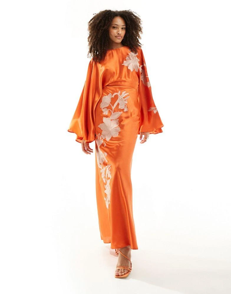 ASOS ASOS DESIGN exaggerated sleeve embroidered satin bias maxi dress in orange 1