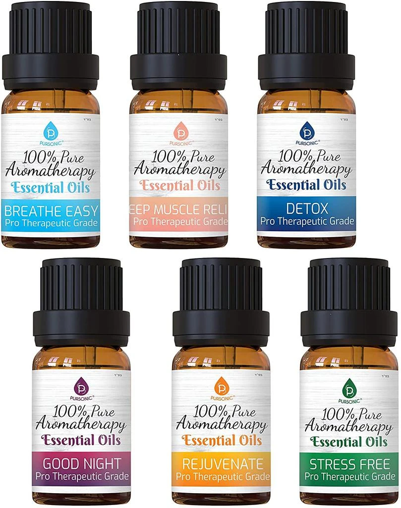 PURSONIC 100% Pure Essential Aromatherapy Oils Blends Gift Set-6 Pack , 10ML(Breath Easy,Deep Muscle Relief,Detox,Good Night,Rejuvenate,Distress) 1