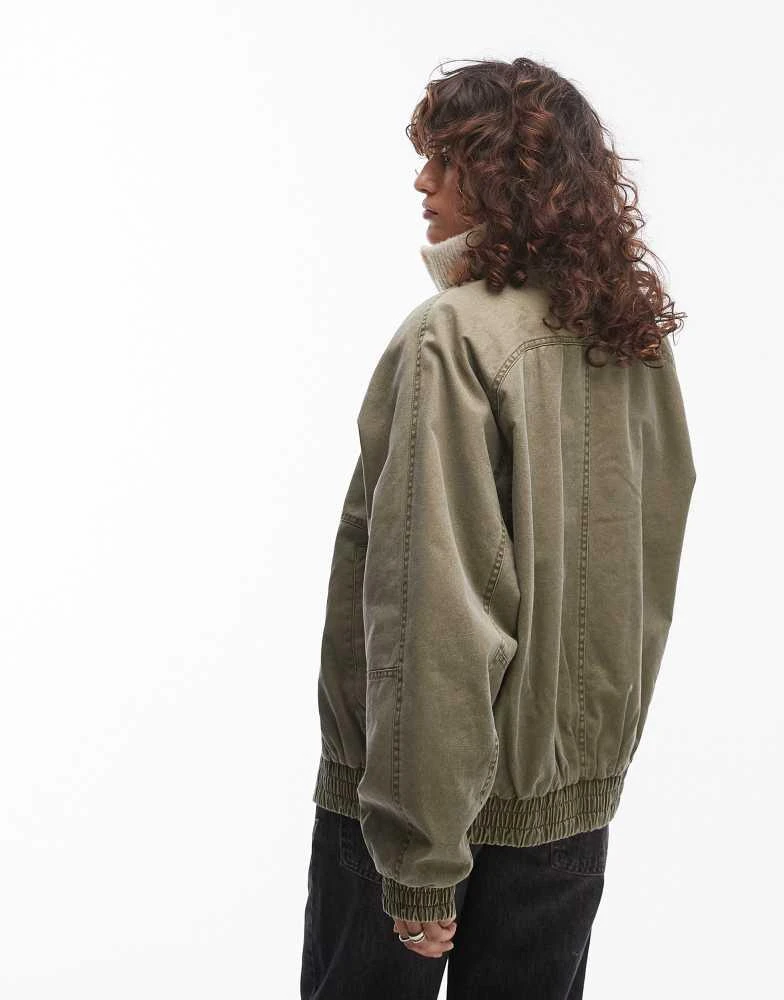 Topshop Topshop acid washed bomber jacket in khaki 4