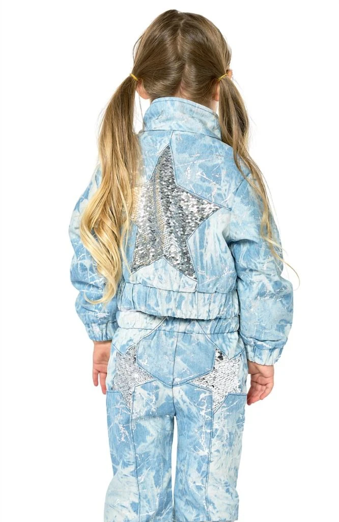 Baby Sara Girls Metallic Printed Denim Bomber Jacket In Light Blue 2