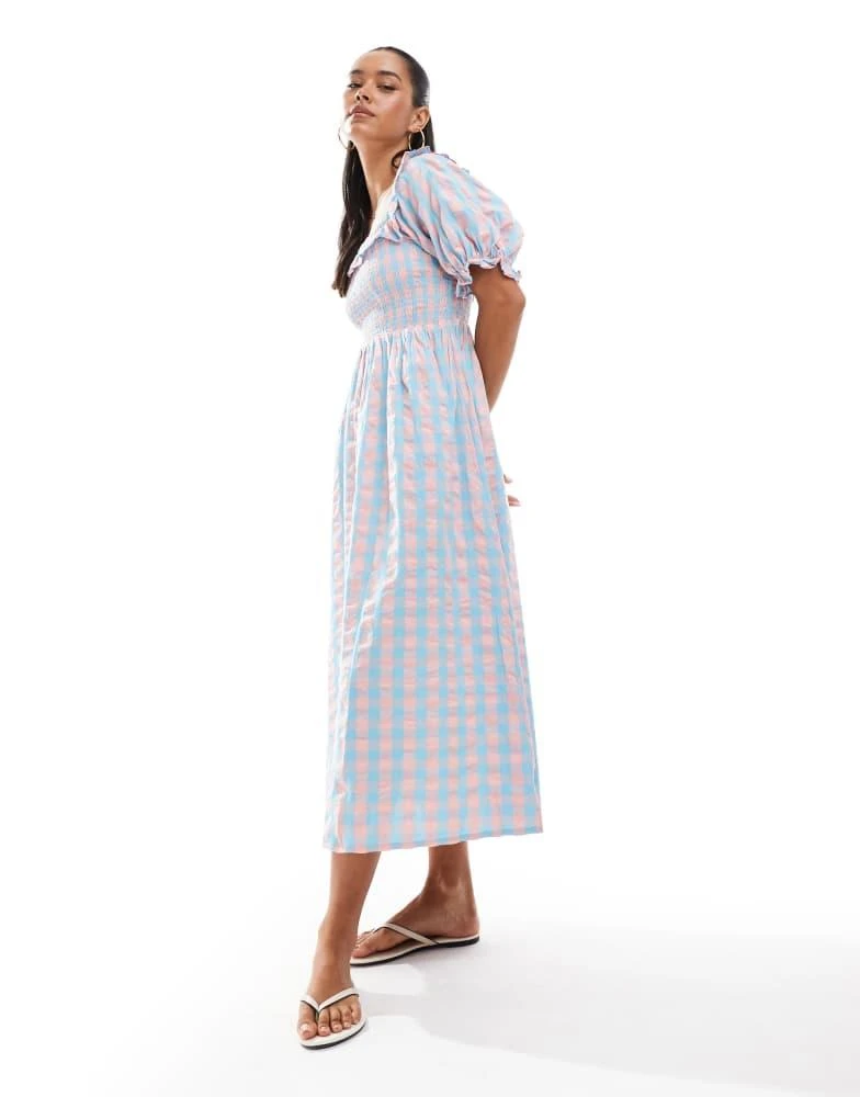 New Look New Look puff sleeve milkmaid dress in blue and pink gingham 1