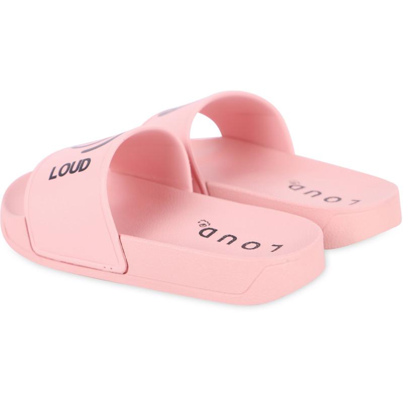 Loud Apparel Logo eye print slide sandals in pink