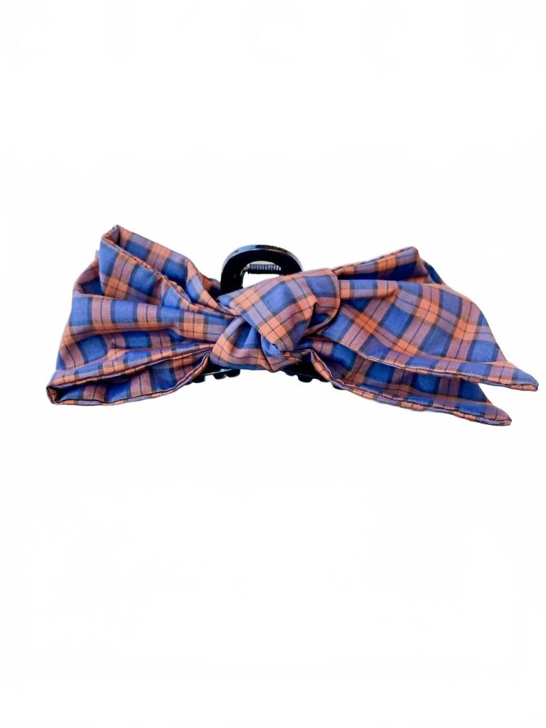 Loeffler Randall Anika Bow Claw Clip In Navy/rust Plaid