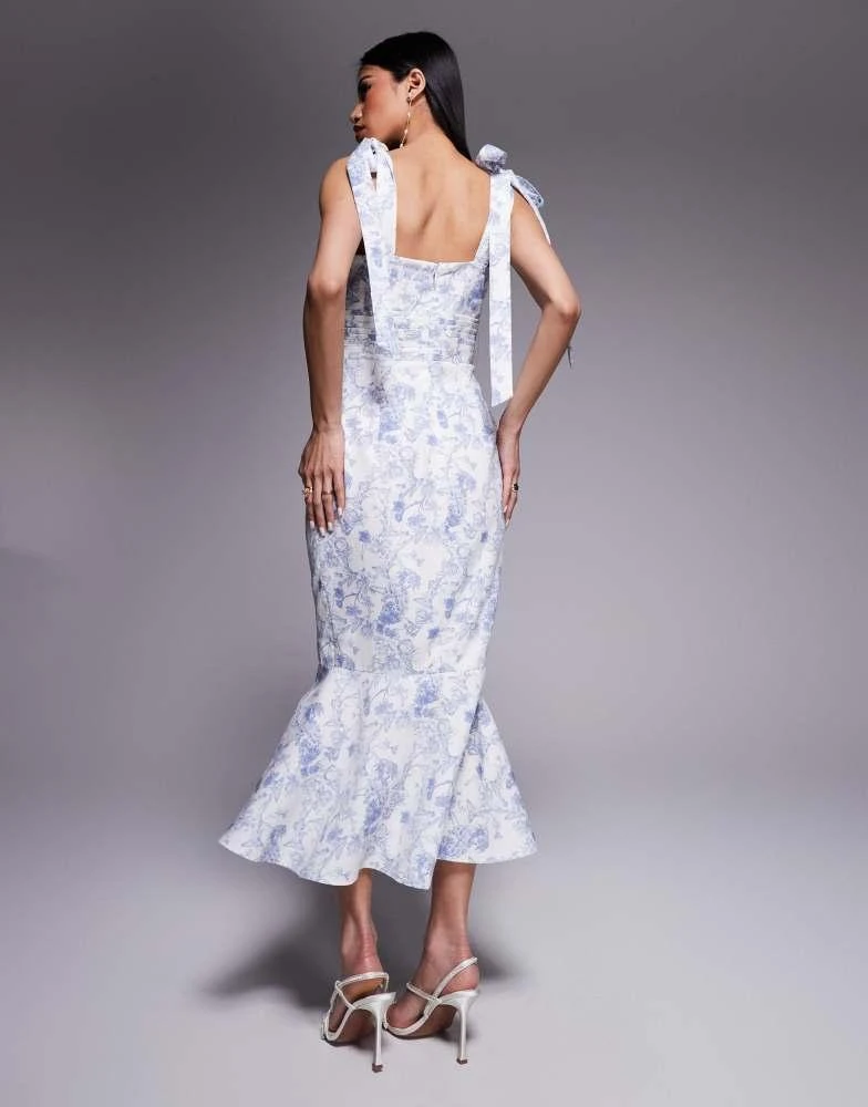 lavish alice satin dress Lavish Alice KAMILA Tie Strap Micro Button Crepe Midi Dress in Blue Porcelain Print US14