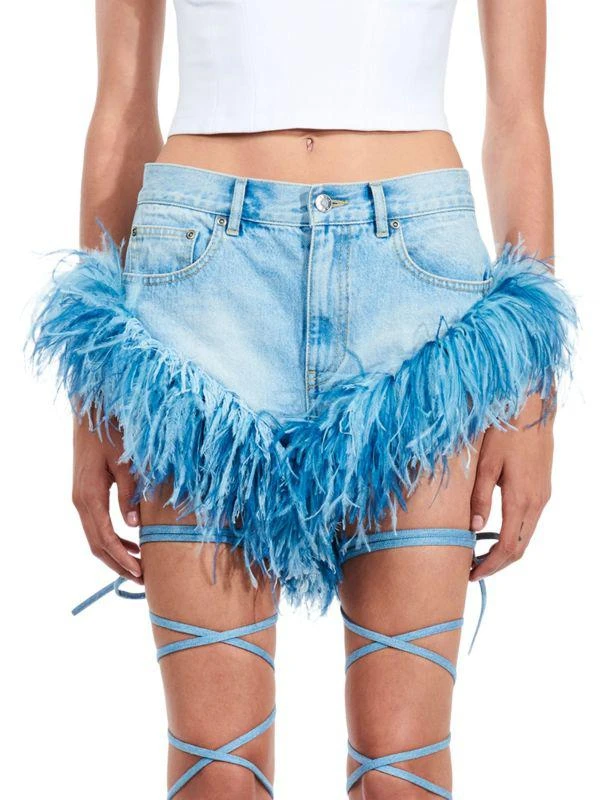 AREA Feather Trim Denim Shorts 1